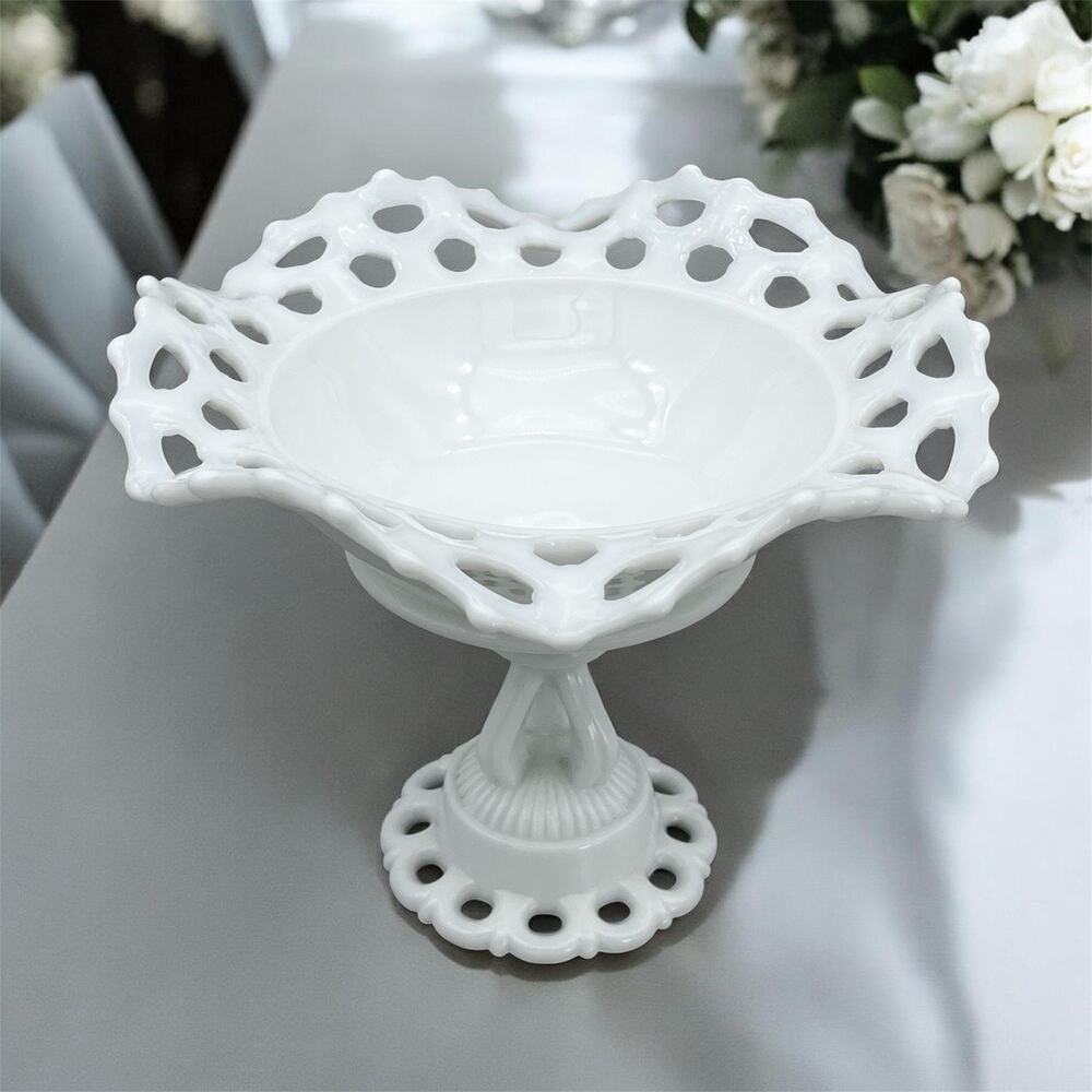 Westmoreland Milk Glass Footed Pedestal Compote Fruit Bowl Doric Lace Ruffle VTG